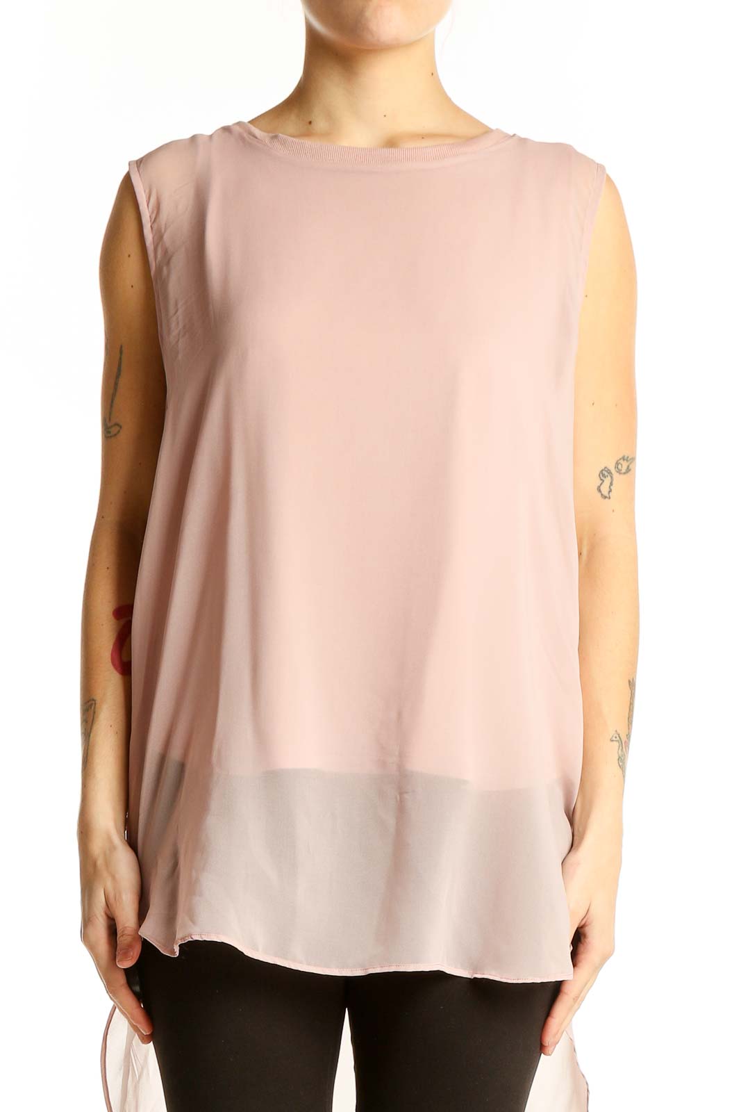 Front view of blush sleeveless chiffon overlay top by Calvin Klein Jeans