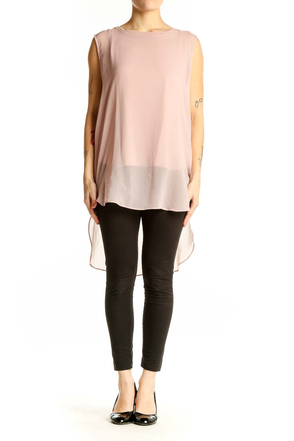 Front view of blush sleeveless chiffon overlay top by Calvin Klein Jeans