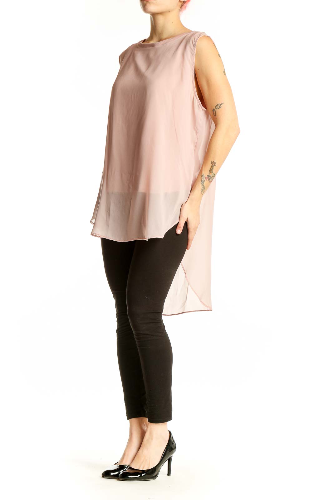 Front view of blush sleeveless chiffon overlay top by Calvin Klein Jeans