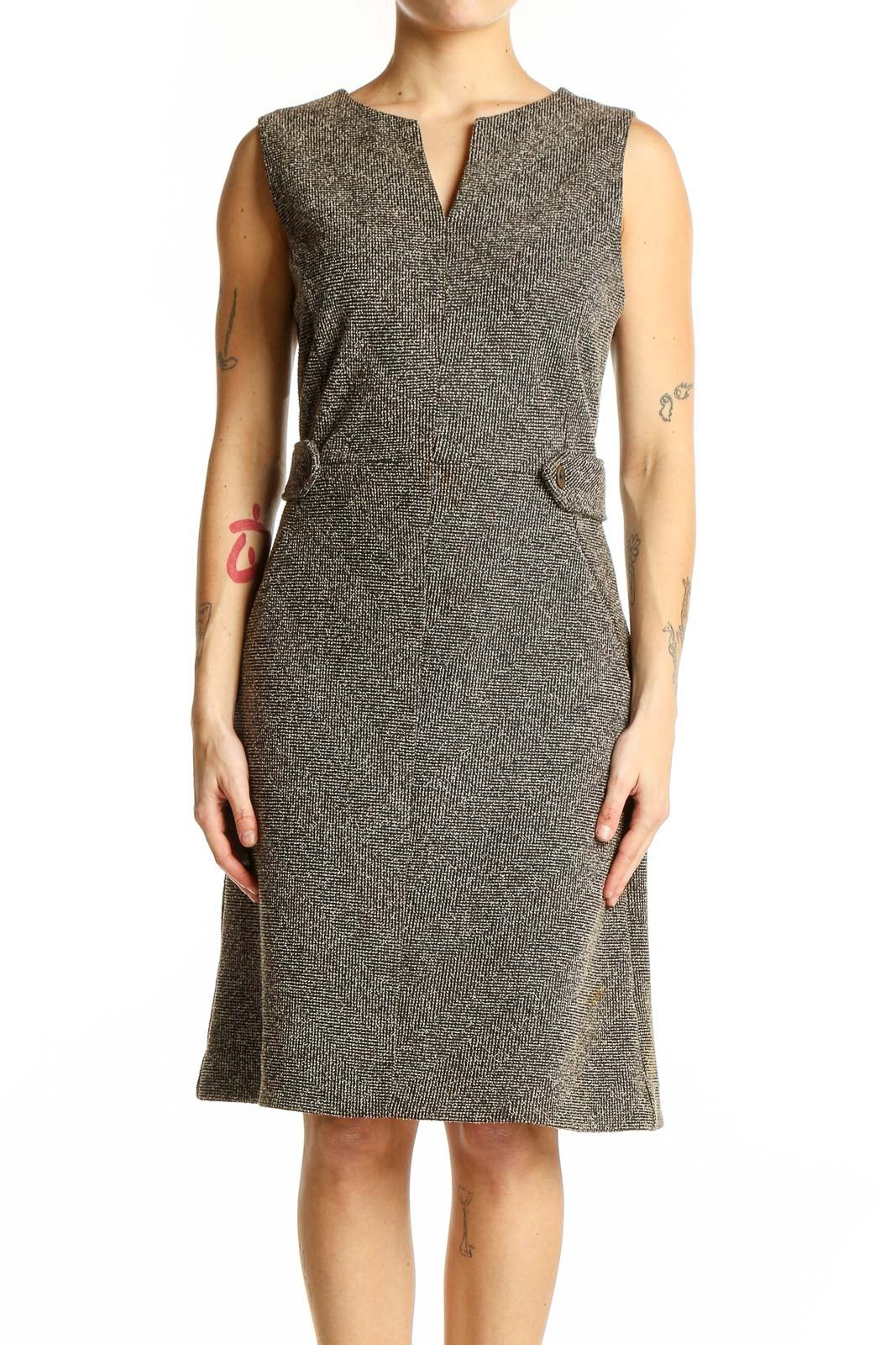 Front view of Lands' End gray tweed sleeveless sheath dress with V-neckline