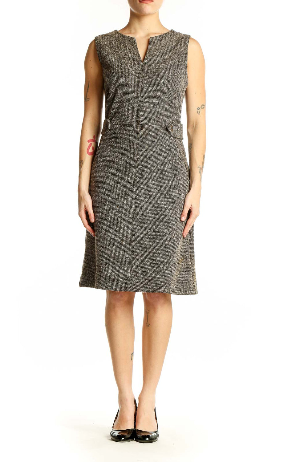 Front view of Lands' End gray tweed sleeveless sheath dress with V-neckline