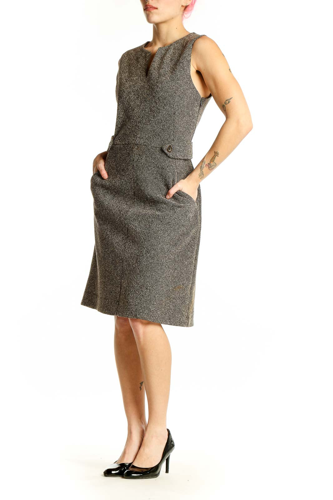 Front view of Lands' End gray tweed sleeveless sheath dress with V-neckline