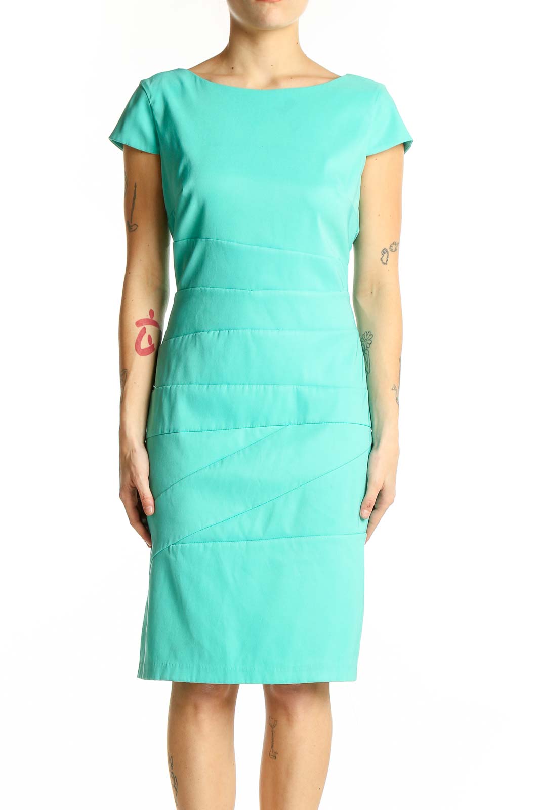 Front view of turquoise ALYX structured bodycon midi dress