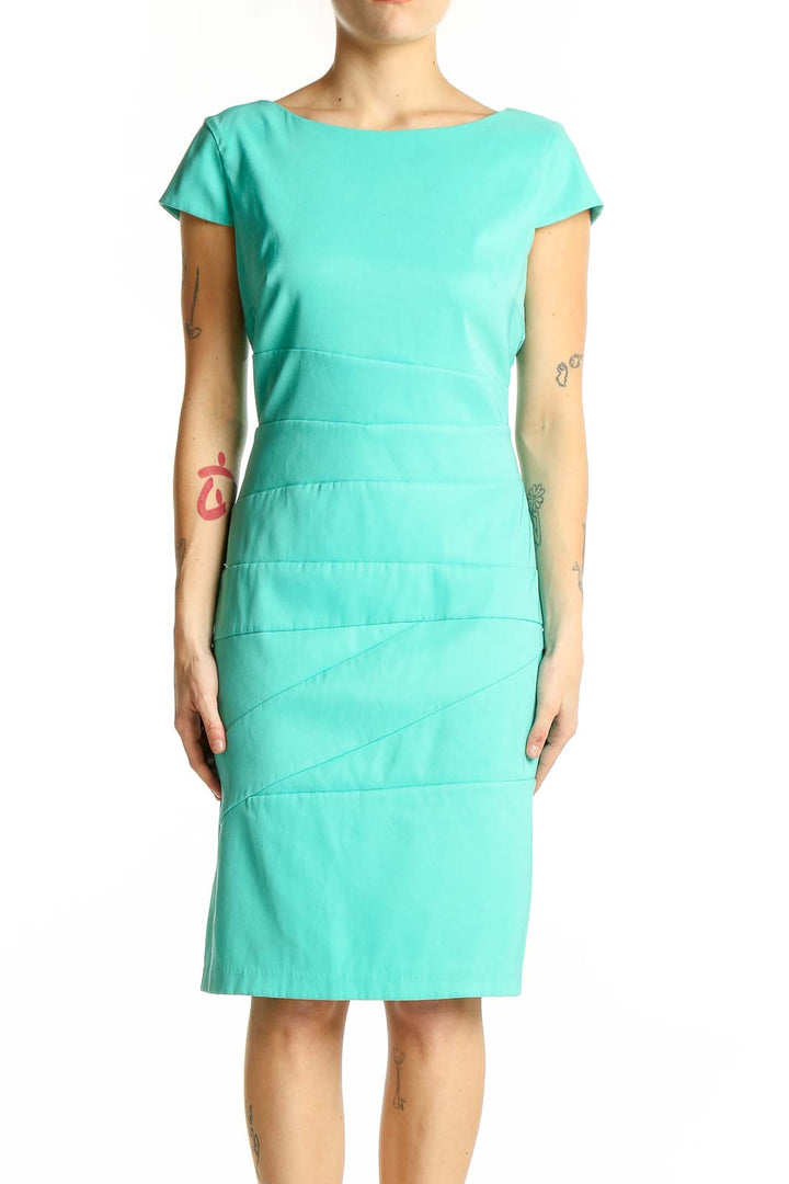 Front view of turquoise ALYX structured bodycon midi dress