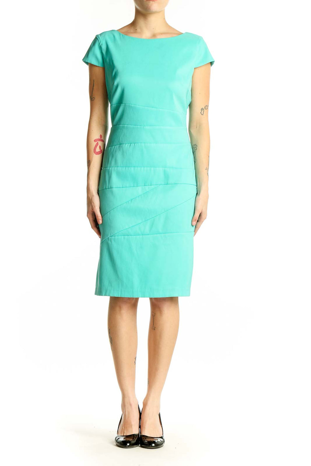 Front view of turquoise ALYX structured bodycon midi dress