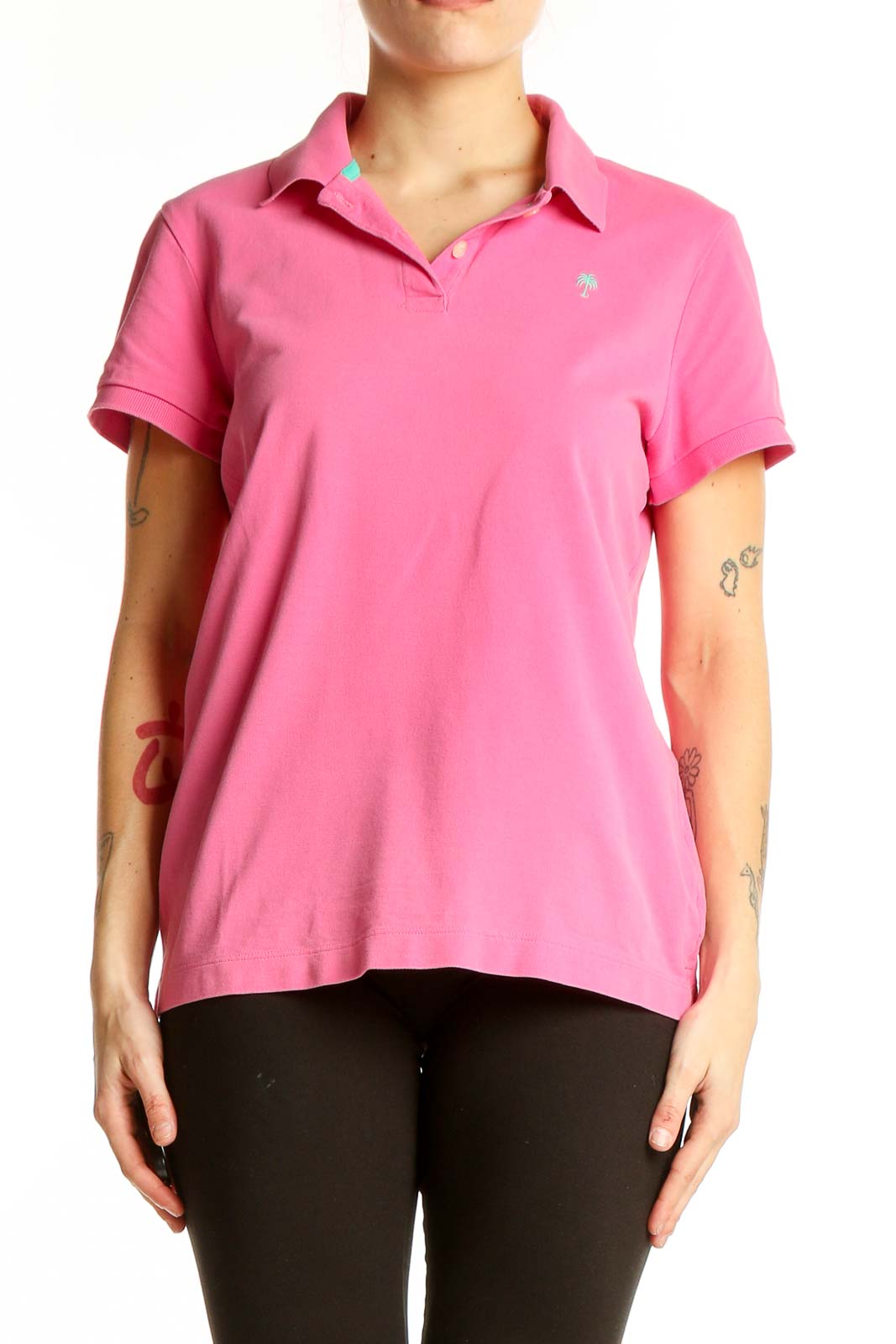 Front view of pink Lilly Pulitzer cotton polo shirt