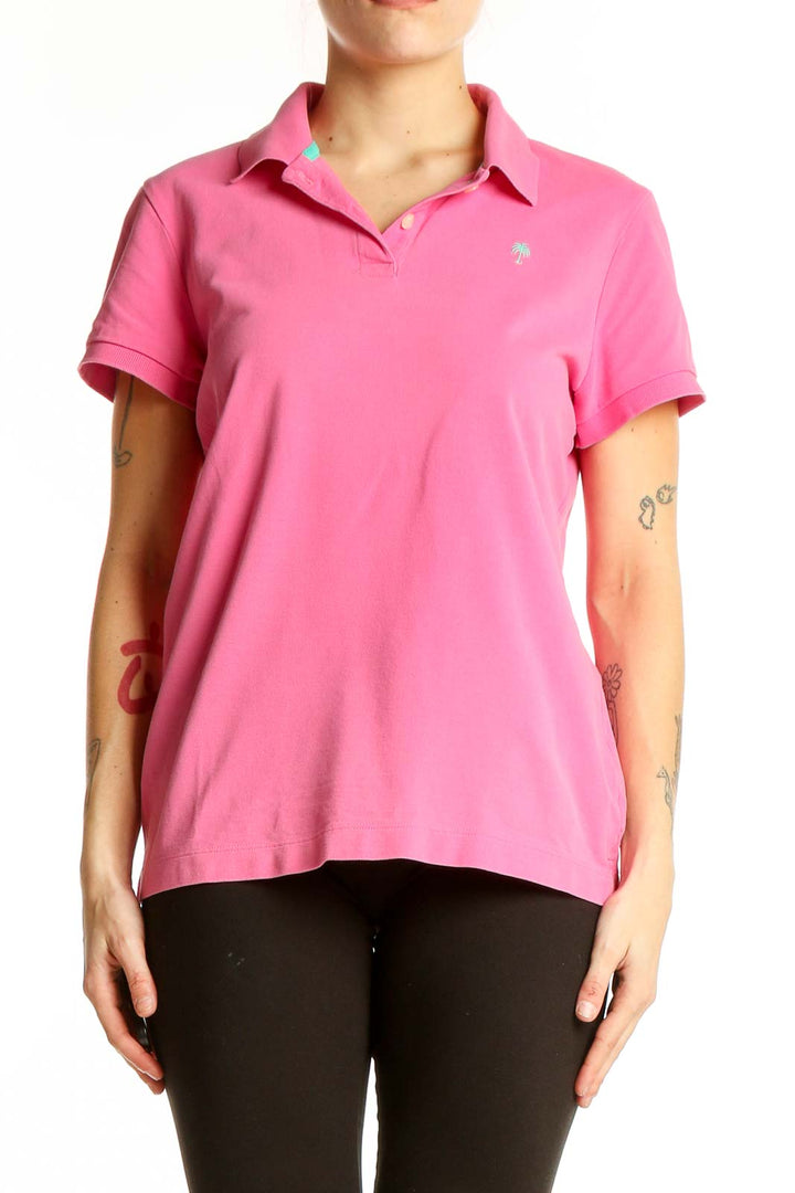 Front view of pink Lilly Pulitzer cotton polo shirt