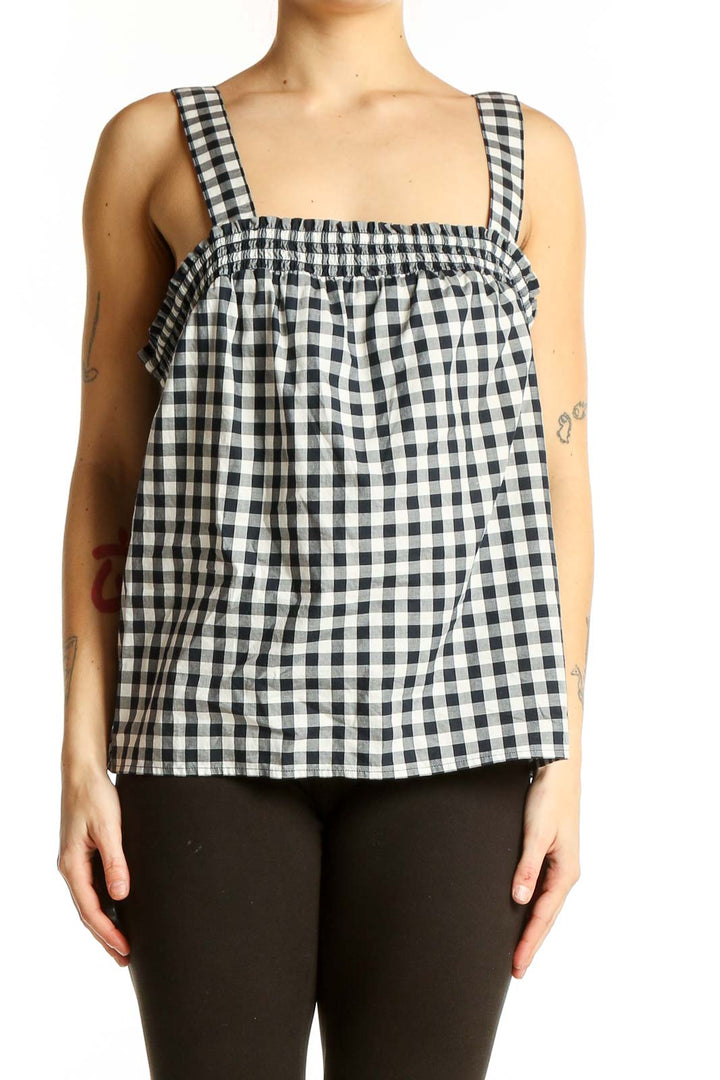 Front view of J.Crew black and white gingham cotton tank top with square neckline