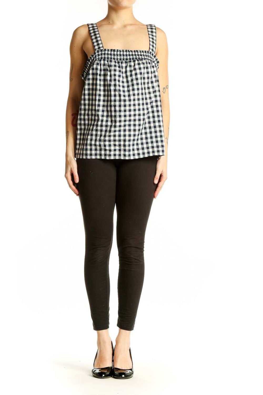 Front view of J.Crew black and white gingham cotton tank top with square neckline
