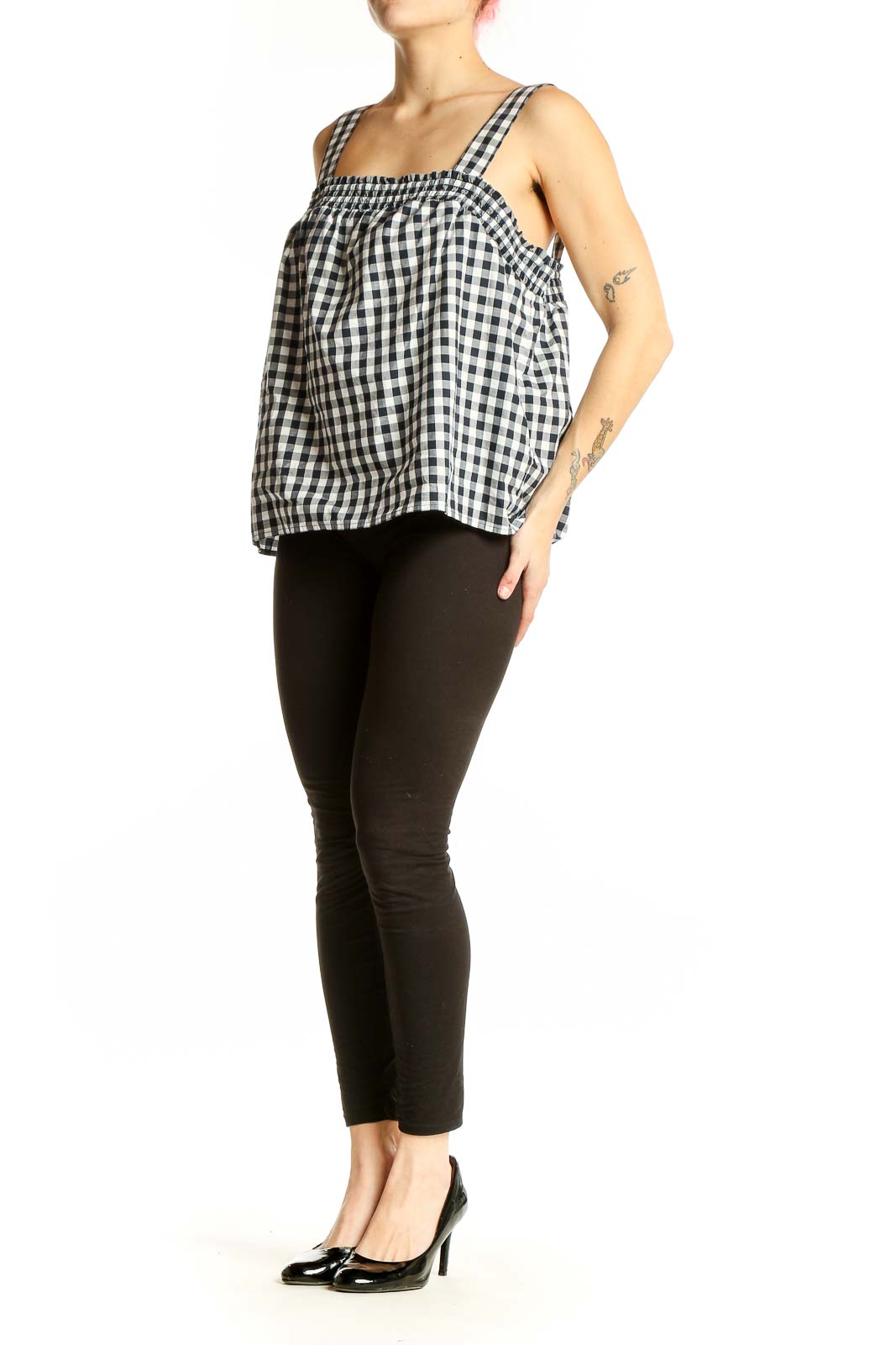 Front view of J.Crew black and white gingham cotton tank top with square neckline