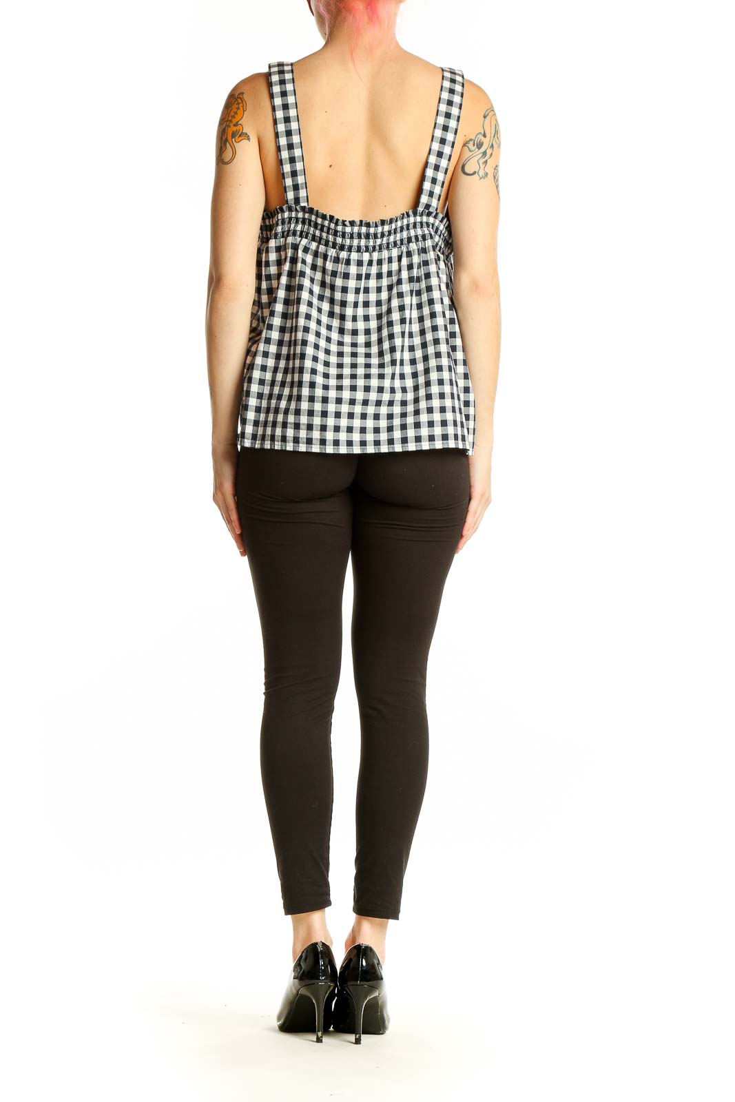 Back view of J.Crew black and white gingham cotton tank top showing relaxed fit