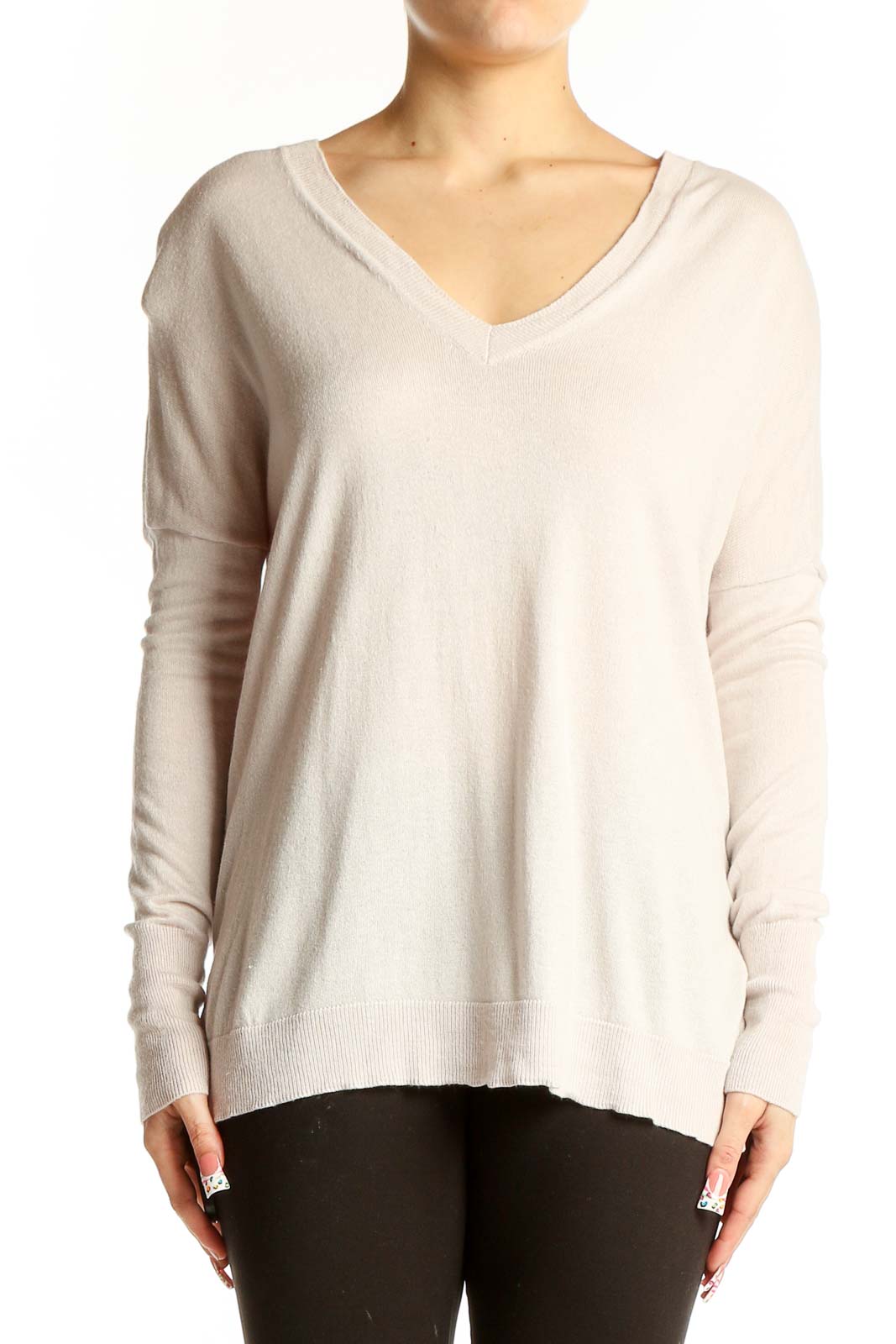 Front view of Vince cream cashmere-silk V-neck sweater