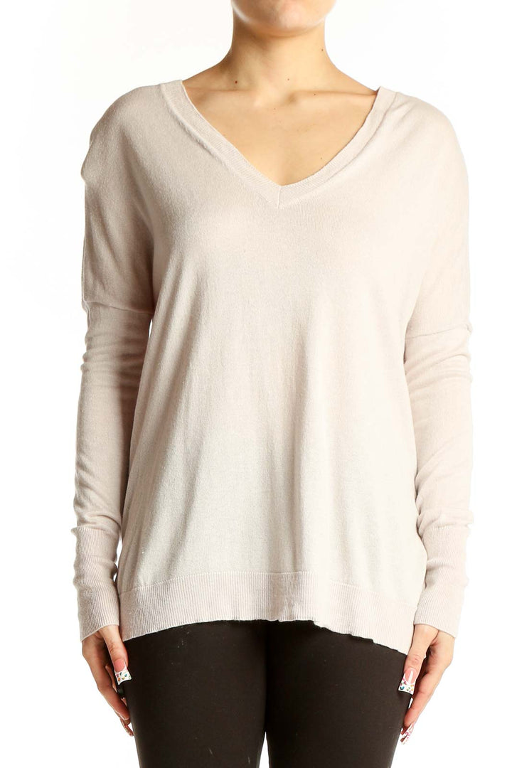 Front view of Vince cream cashmere-silk V-neck sweater
