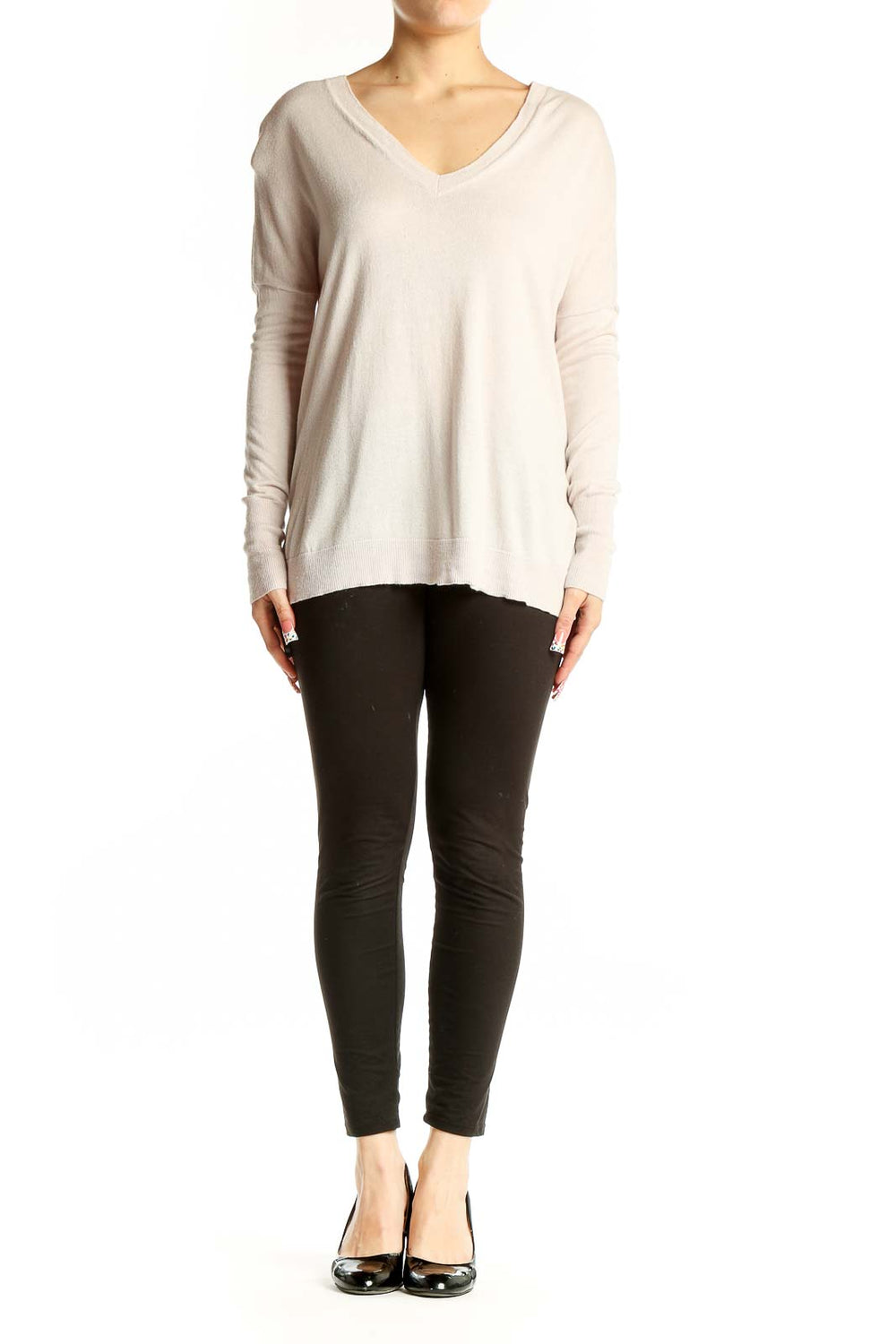 Front view of Vince cream cashmere-silk V-neck sweater