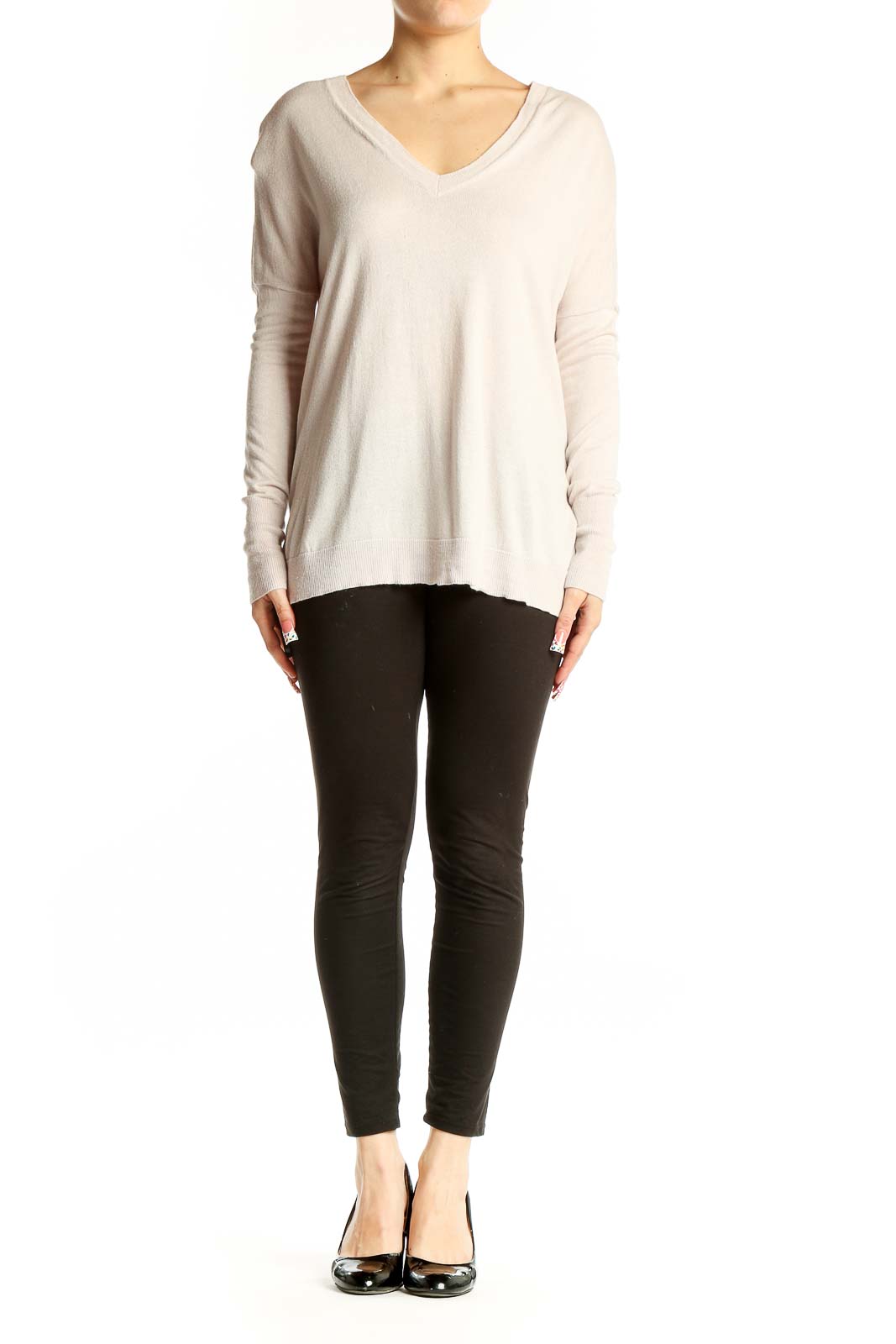 Front view of Vince cream cashmere-silk V-neck sweater