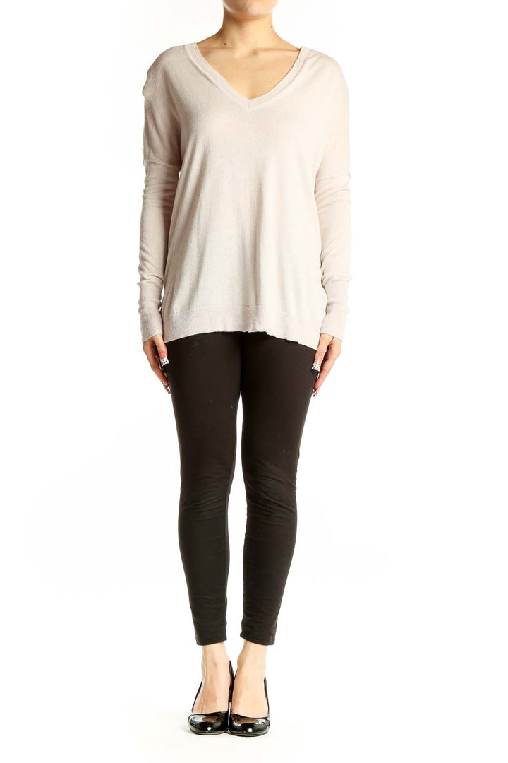 Front view of Vince cream cashmere-silk V-neck sweater