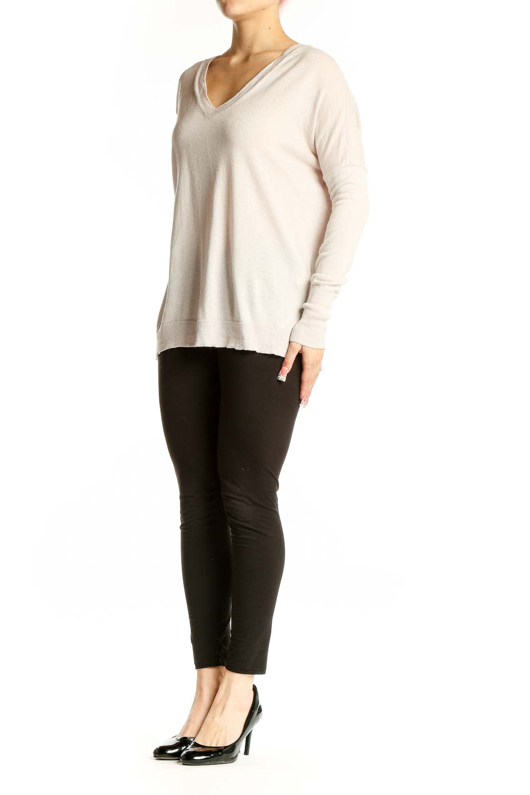 Front view of Vince cream cashmere-silk V-neck sweater