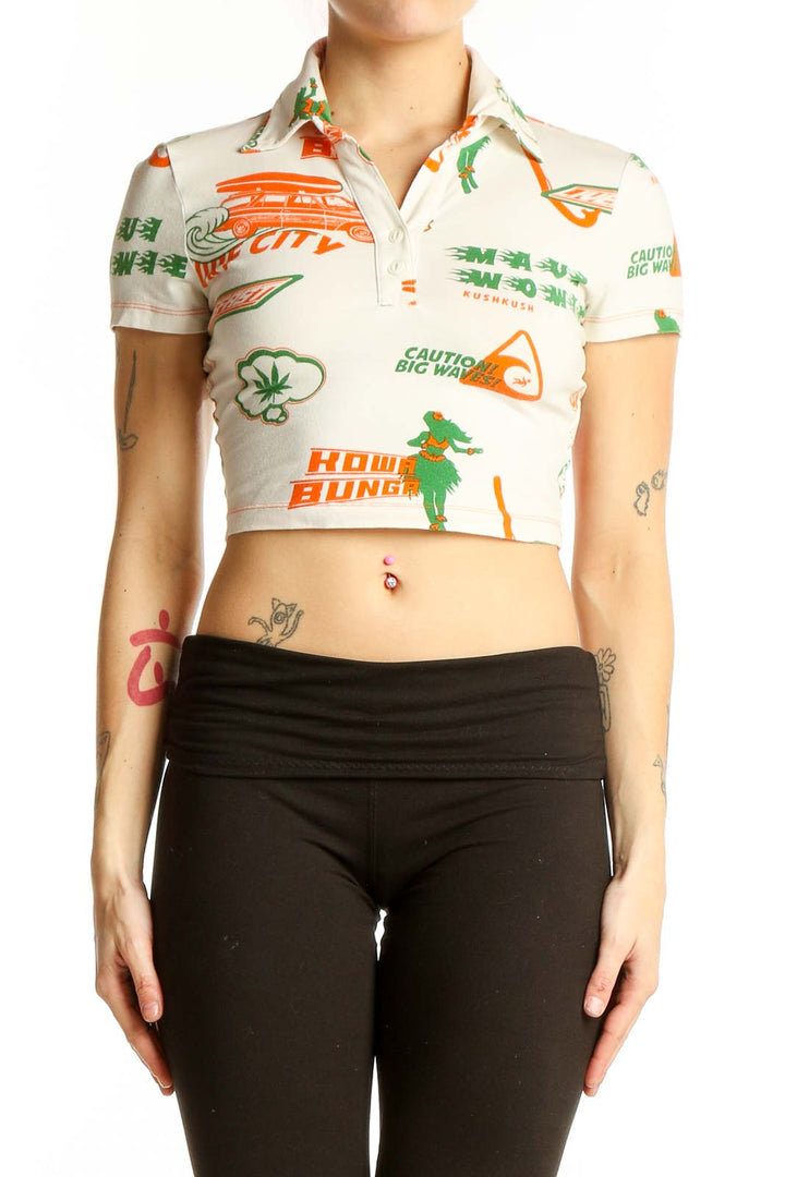 Front view of Urban Outfitters beige crop polo shirt with colorful graphic prints