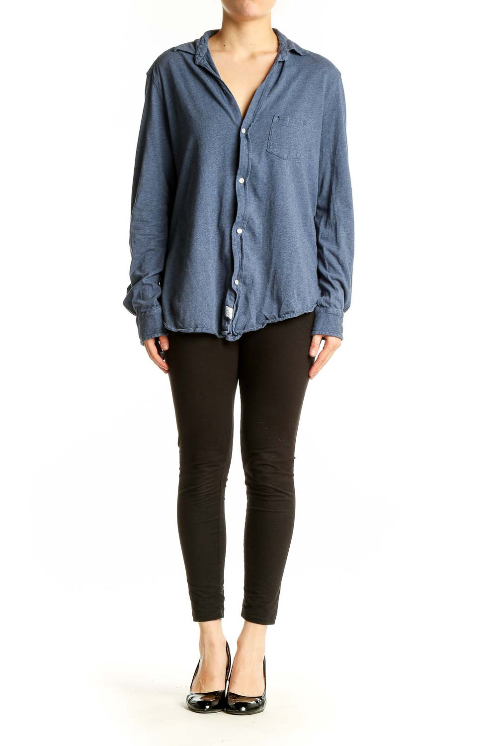 Front view of Frank & Eileen blue cotton button-down shirt