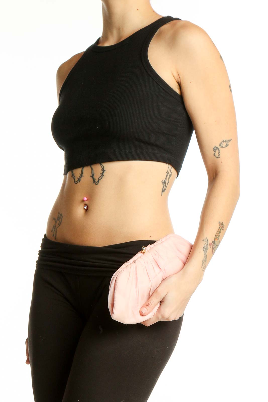 Front view of SilkRoll pink pleated clutch purse held in hand