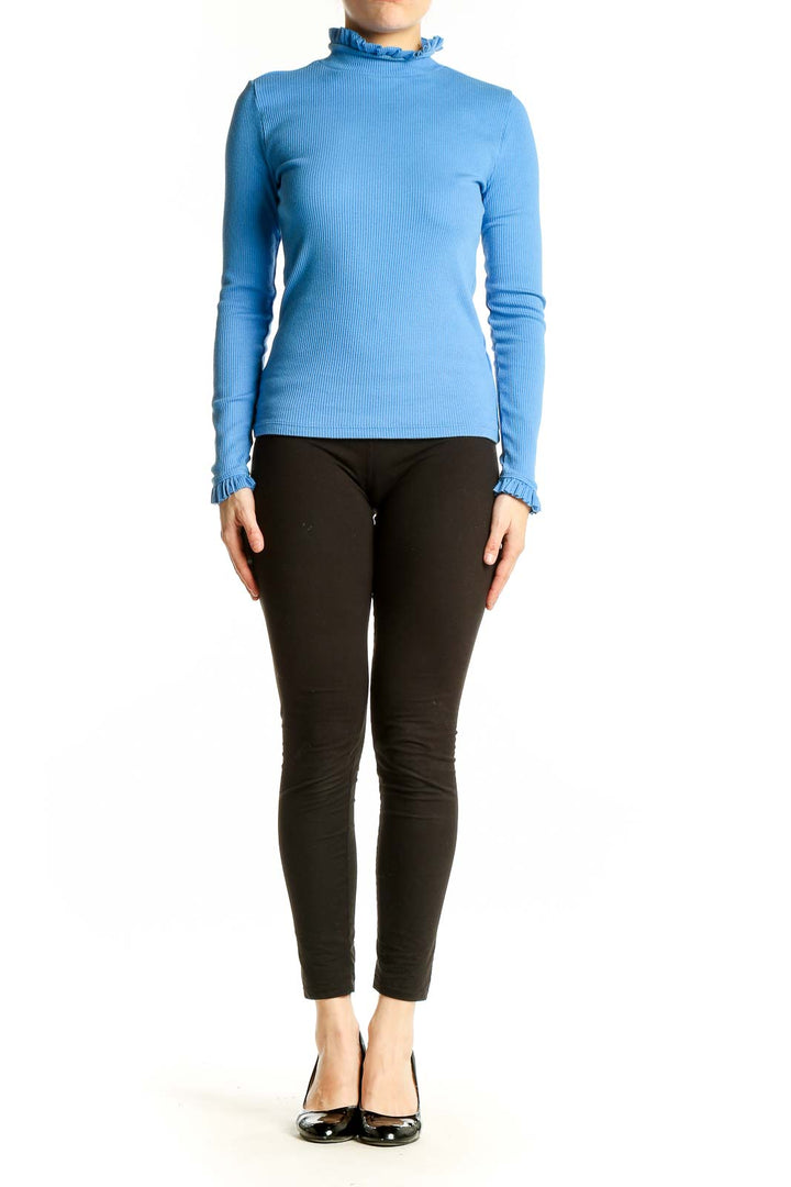 Front view of J.Crew blue ribbed ruffle-neck long sleeve top