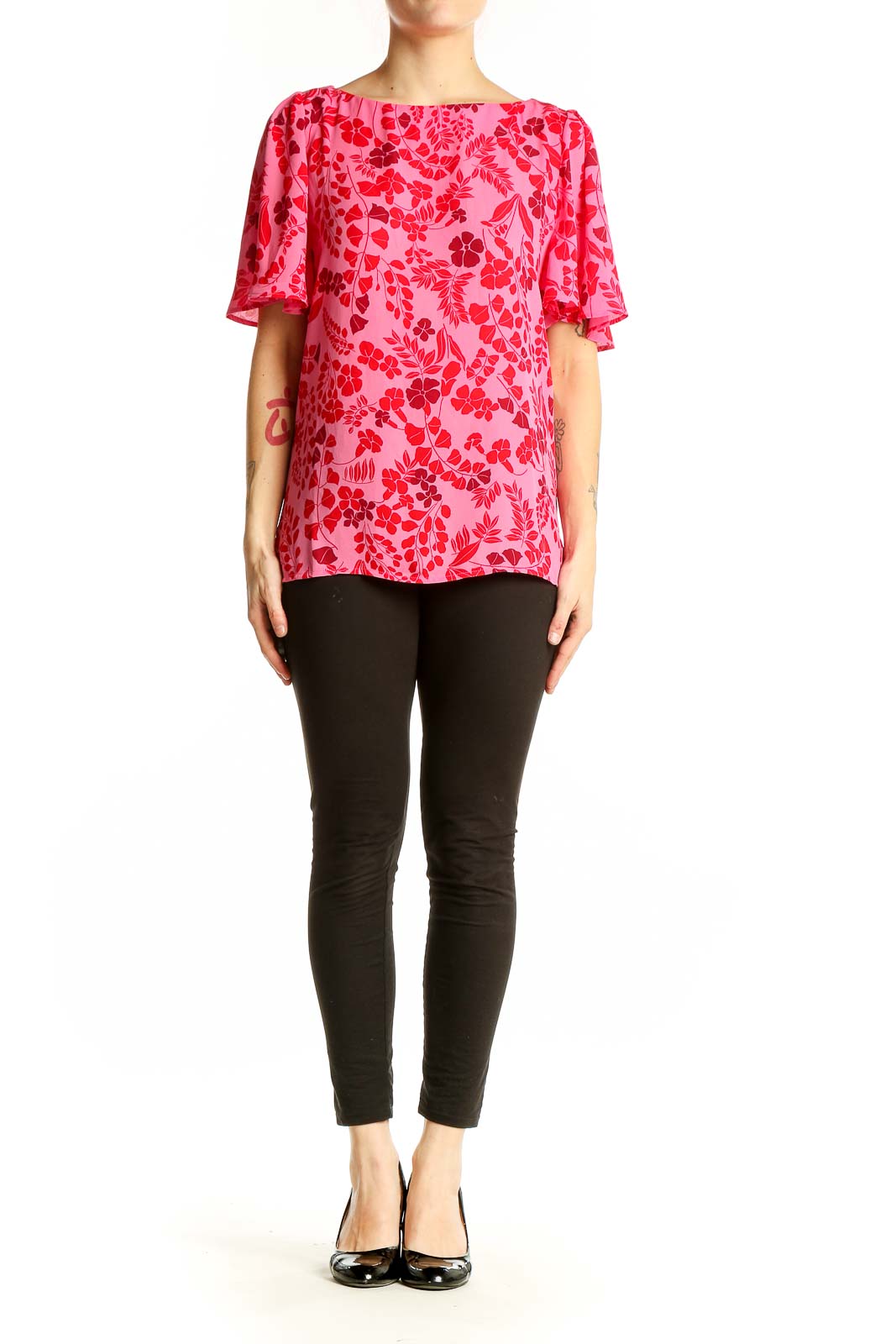 Front view of pink Ann Taylor blouse with red floral print and flutter sleeves