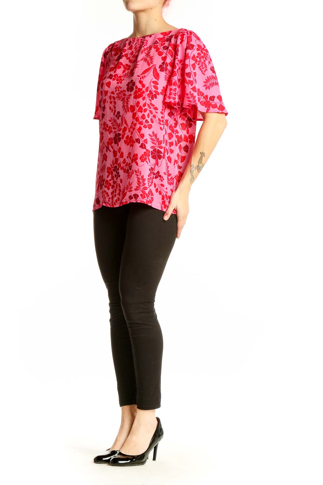 Front view of pink Ann Taylor blouse with red floral print and flutter sleeves