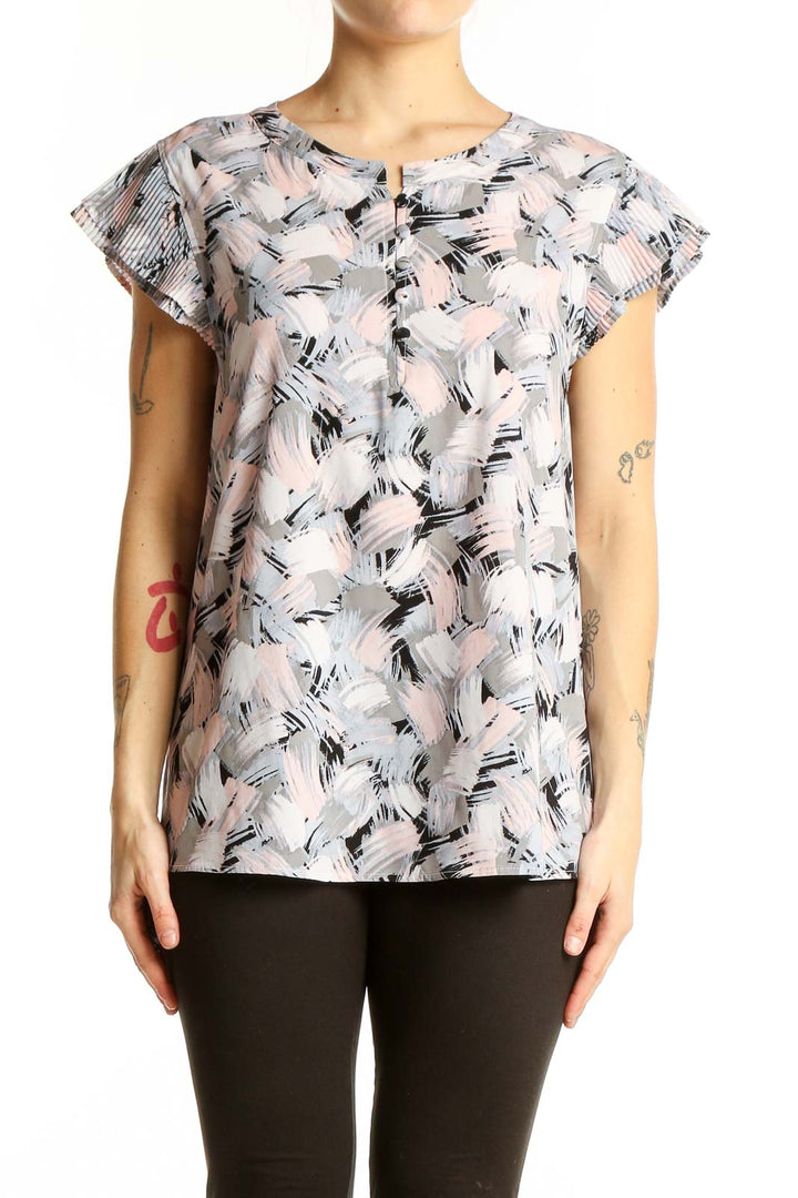 Front view of Calvin Klein gray abstract print cap sleeve blouse