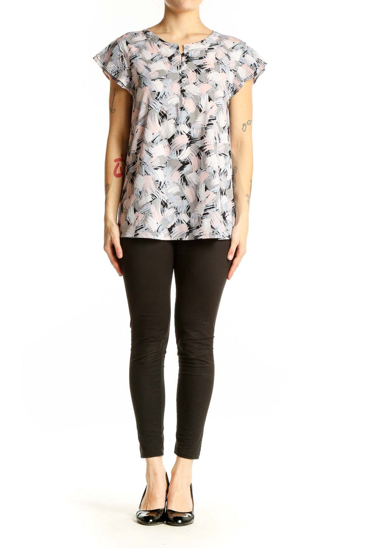 Front view of Calvin Klein gray abstract print cap sleeve blouse