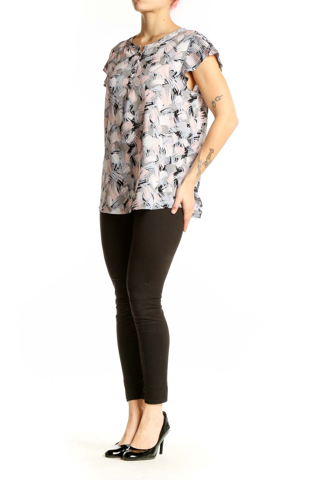 Front view of Calvin Klein gray abstract print cap sleeve blouse