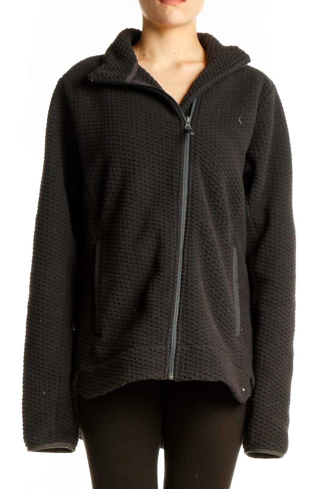 Front view of black textured Helly Hansen zip-up hooded jacket