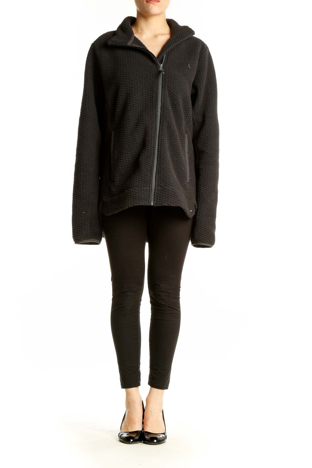 Front view of black textured Helly Hansen zip-up hooded jacket