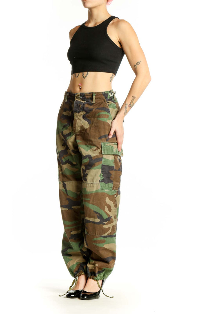 Front view of SilkRoll green camouflage cargo pants with multiple pockets