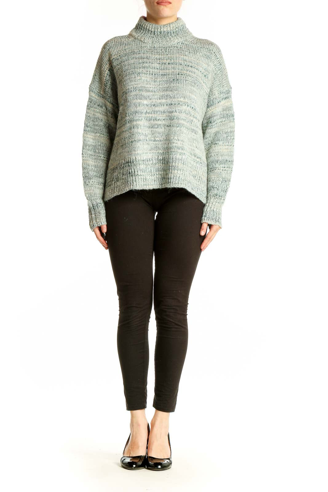 Front view of J.Crew mint green marled turtleneck sweater on model