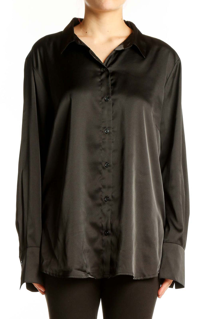 Front view of Banana Republic black satin button-down blouse