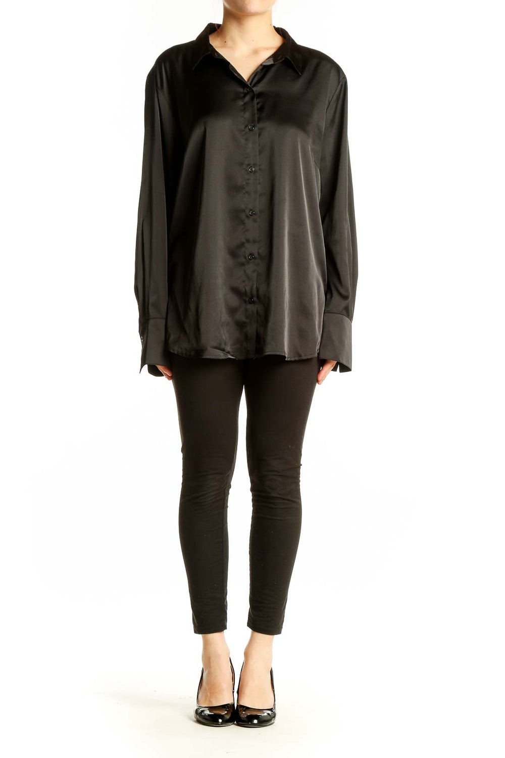 Front view of Banana Republic black satin button-down blouse