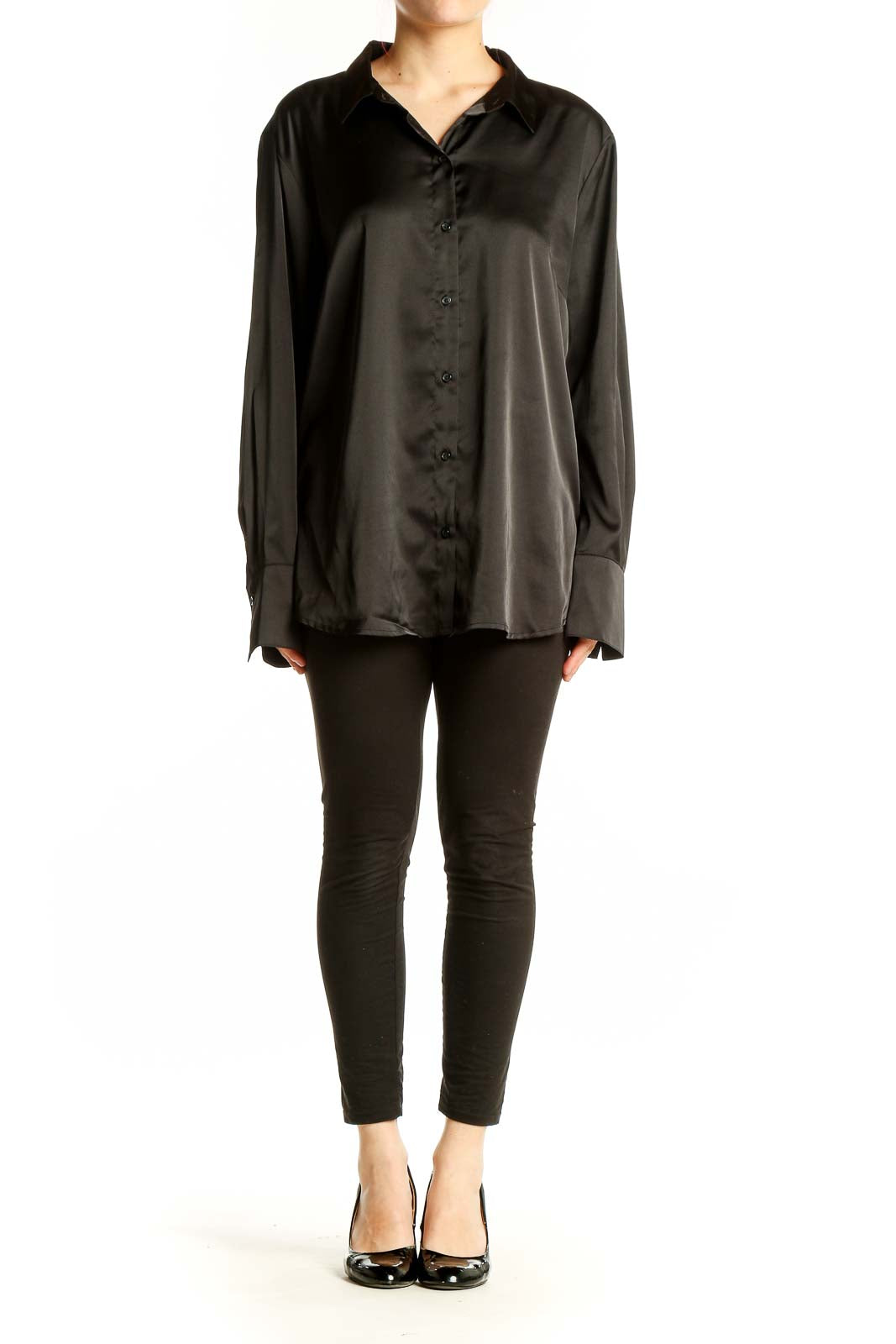 Front view of Banana Republic black satin button-down blouse