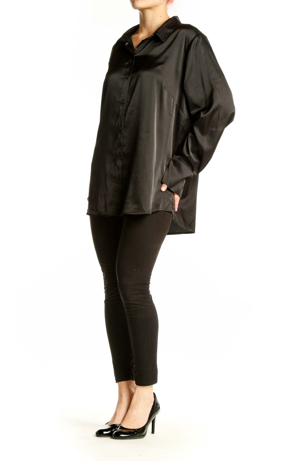 Front view of Banana Republic black satin button-down blouse