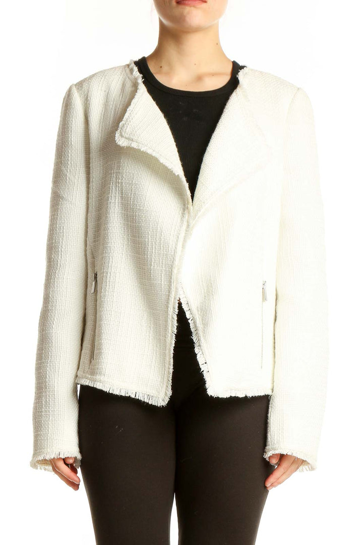 Front view of white textured asymmetrical zip jacket from Saks Fifth Avenue