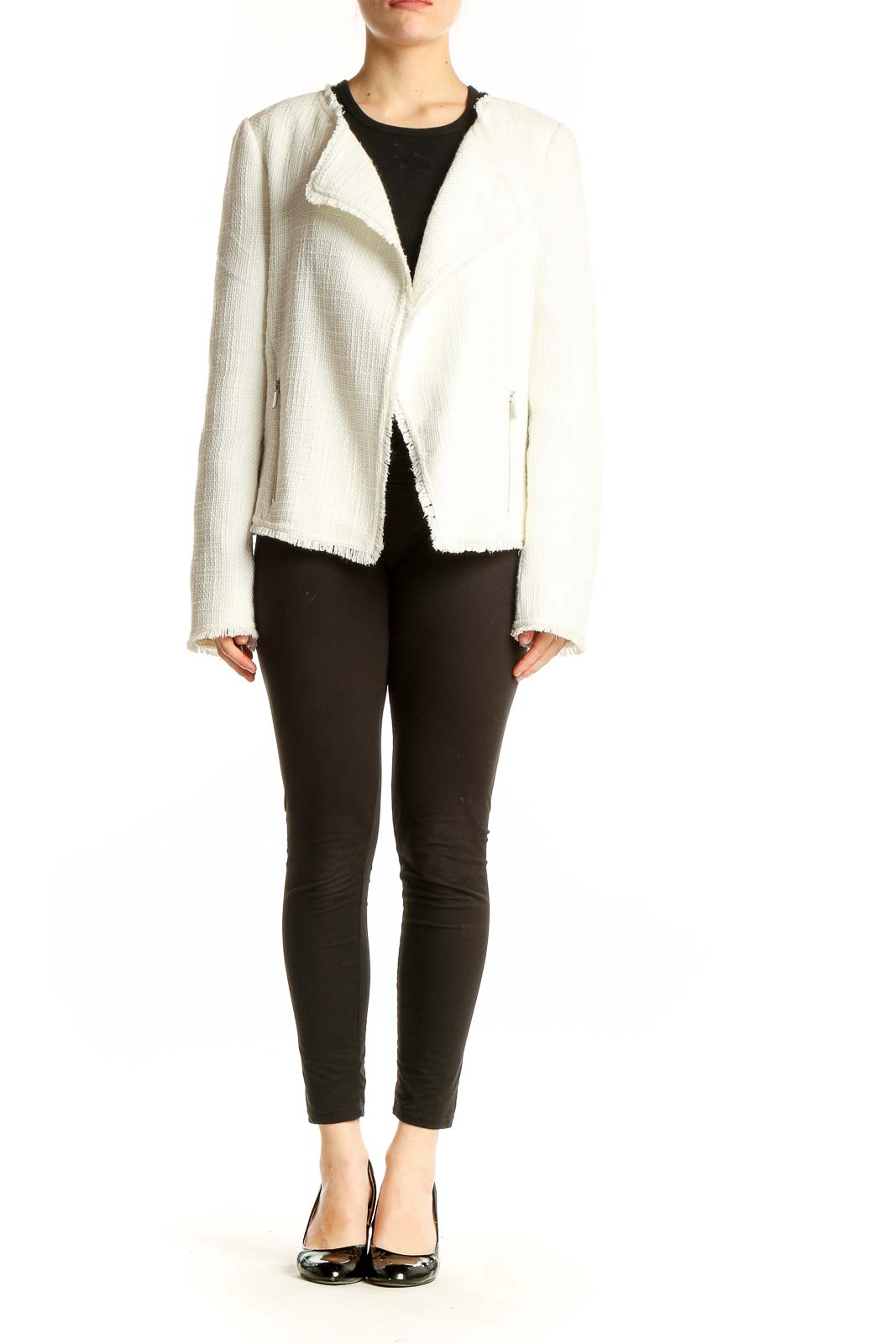 Front view of white textured asymmetrical zip jacket from Saks Fifth Avenue