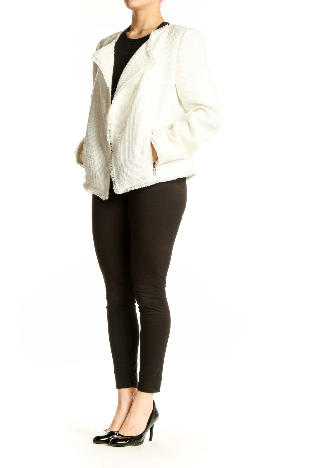 Front view of white textured asymmetrical zip jacket from Saks Fifth Avenue