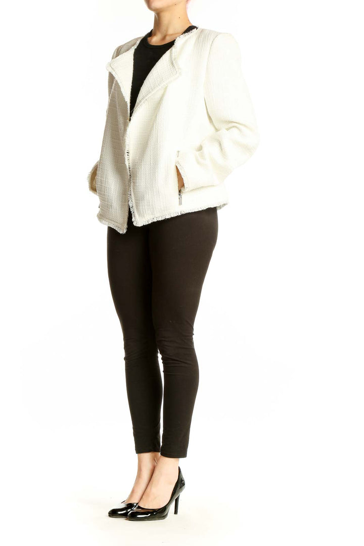 Front view of white textured asymmetrical zip jacket from Saks Fifth Avenue
