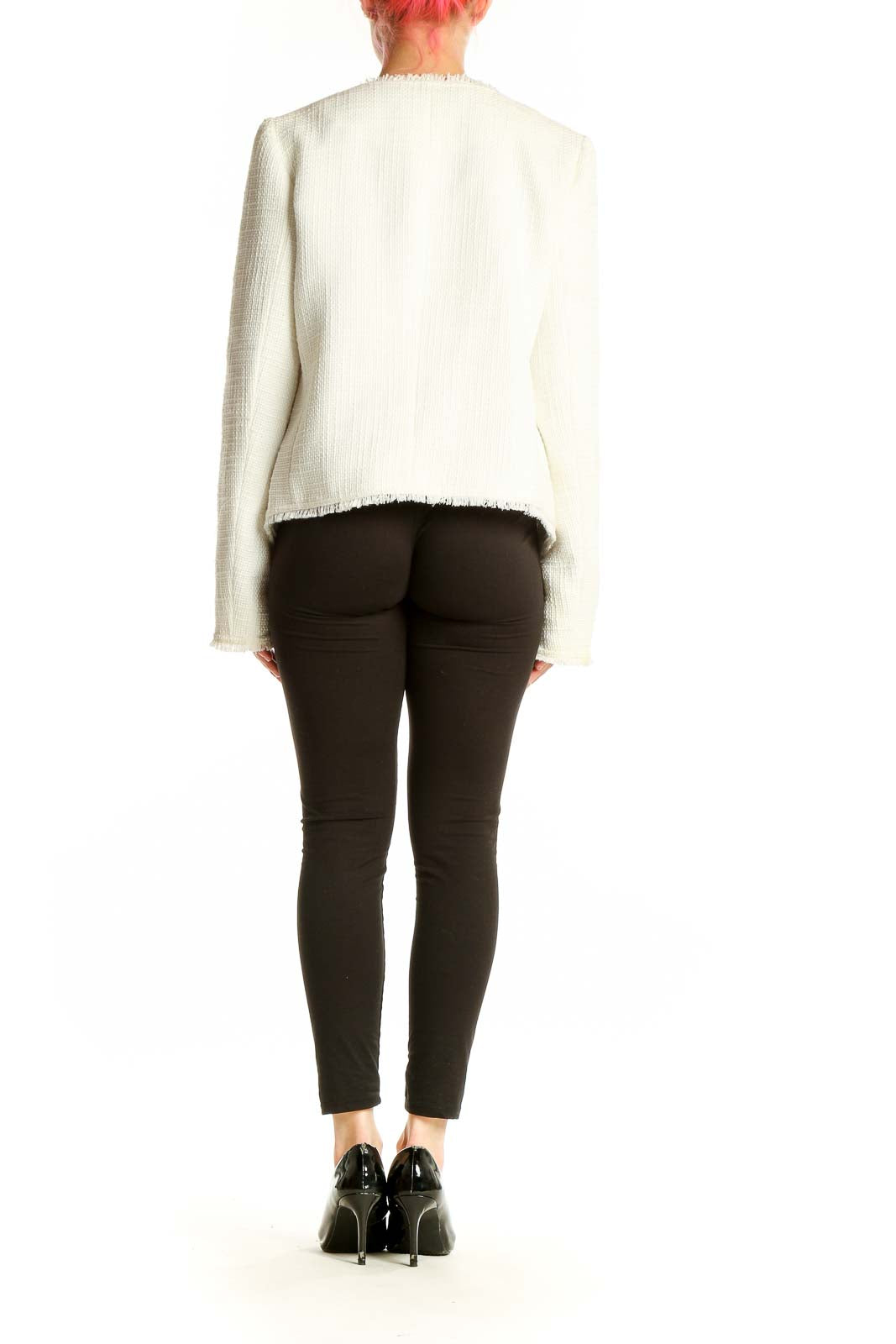 Side view of white textured asymmetrical zip jacket from Saks Fifth Avenue