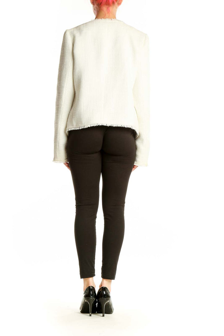 Side view of white textured asymmetrical zip jacket from Saks Fifth Avenue