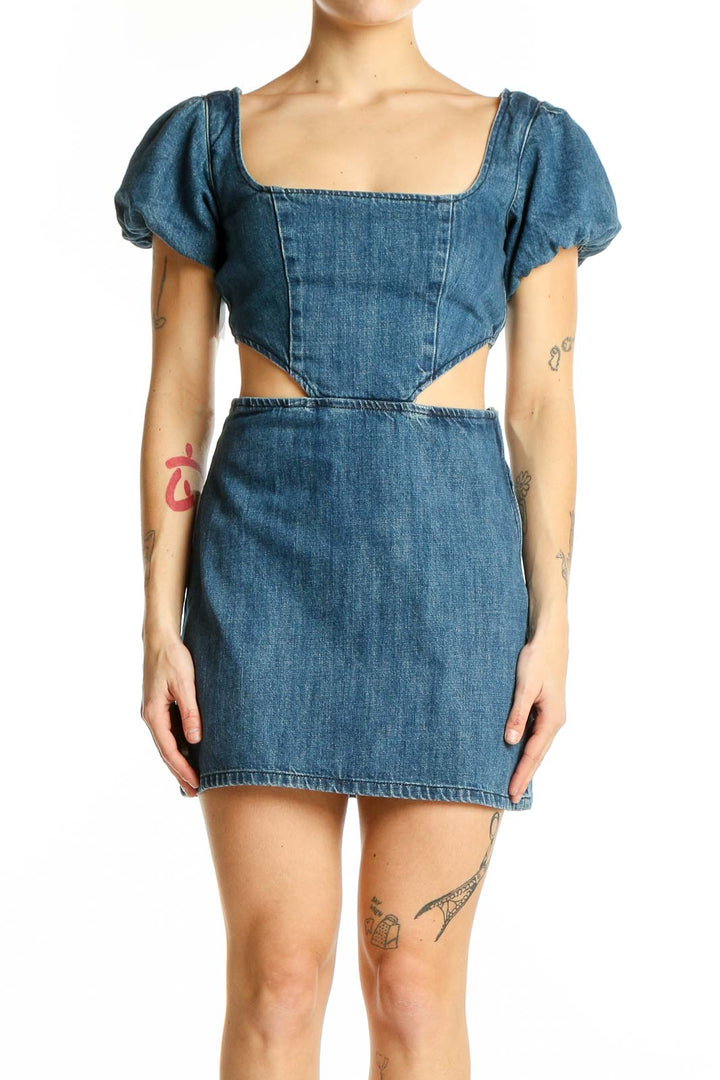 Front view of blue denim mini dress with square neckline and puff sleeves