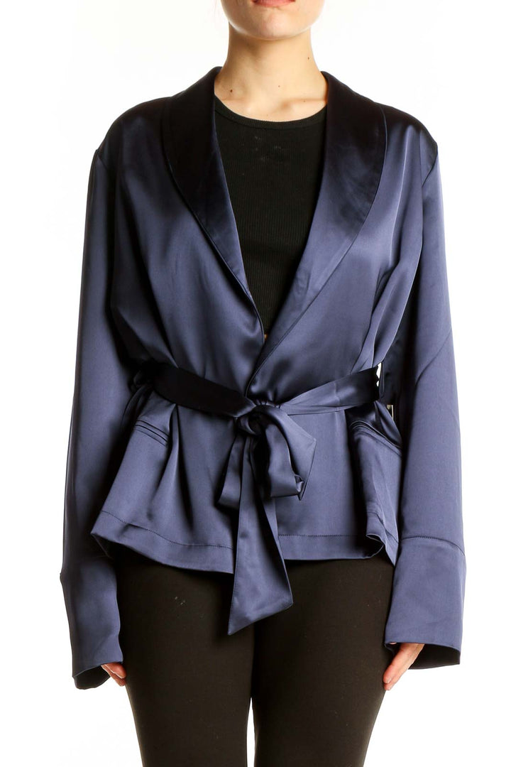 Front view of Carbon 38 navy satin wrap jacket with tie belt