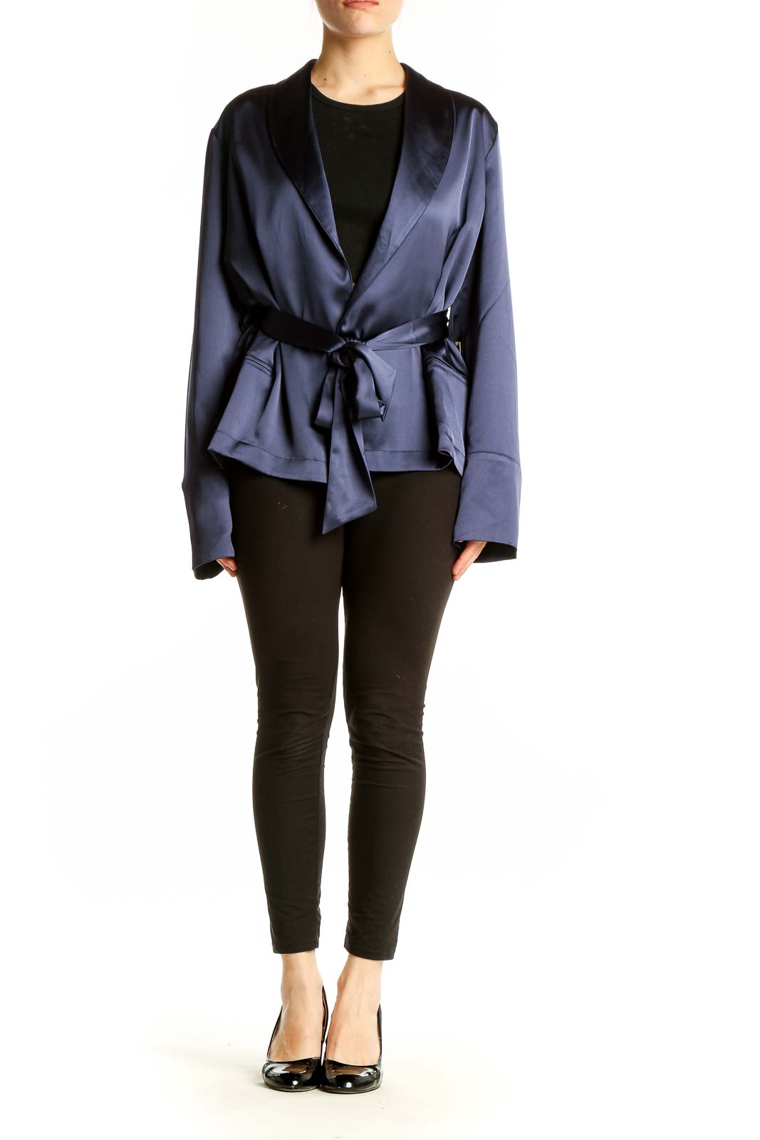Front view of Carbon 38 navy satin wrap jacket with tie belt