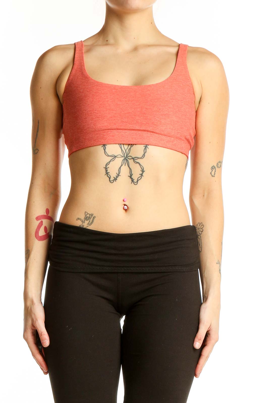 Front view of coral Outdoor Voices racerback sports bra