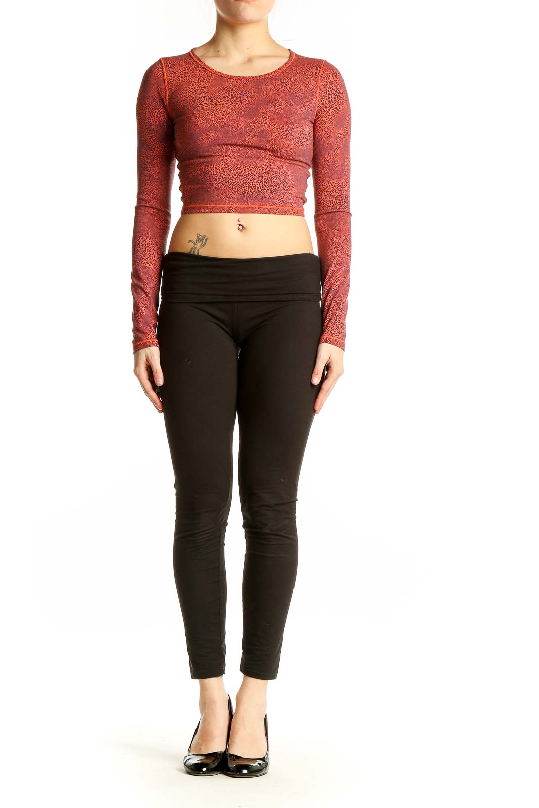 Front view of red patterned Lululemon crop top