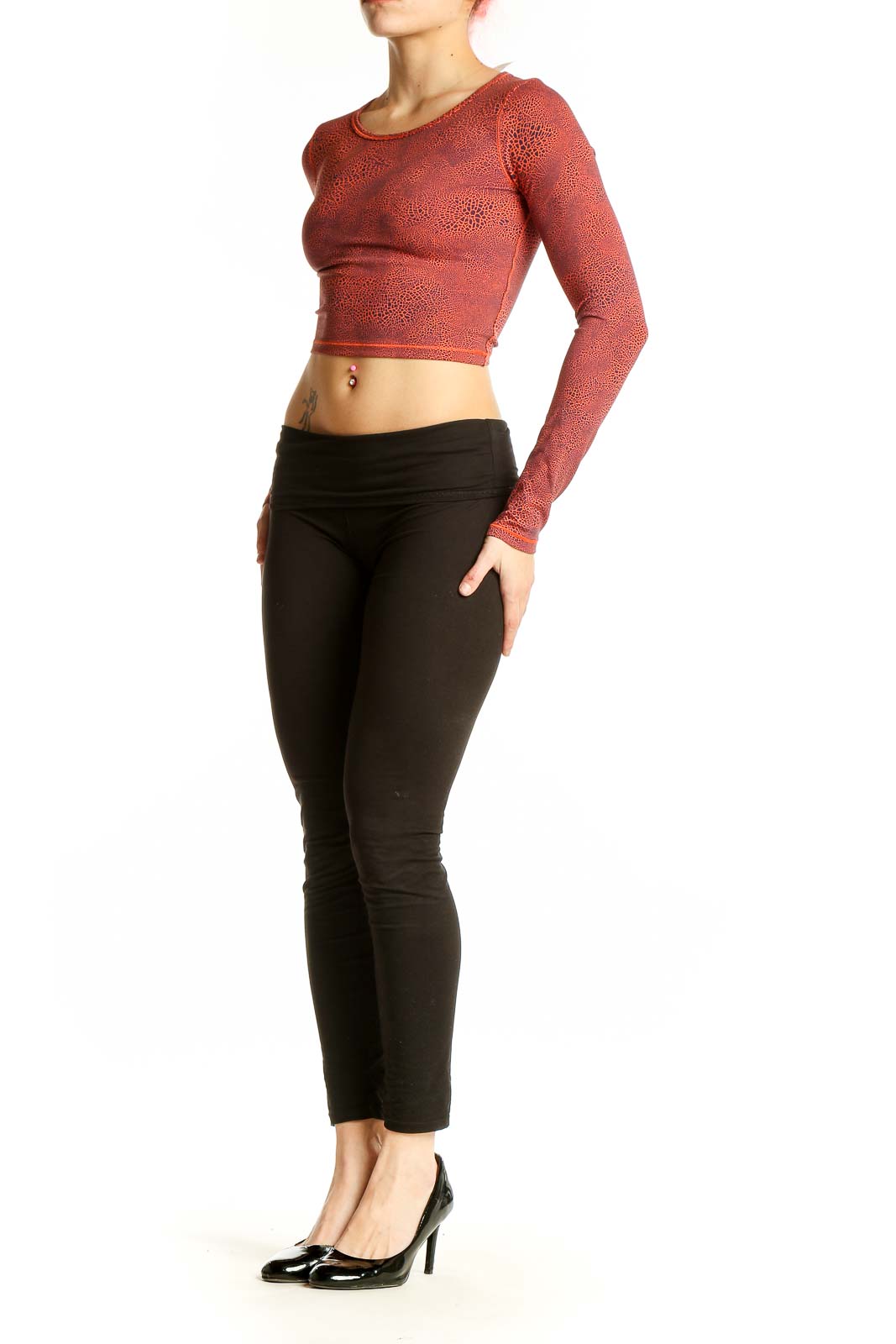 Front view of red patterned Lululemon crop top